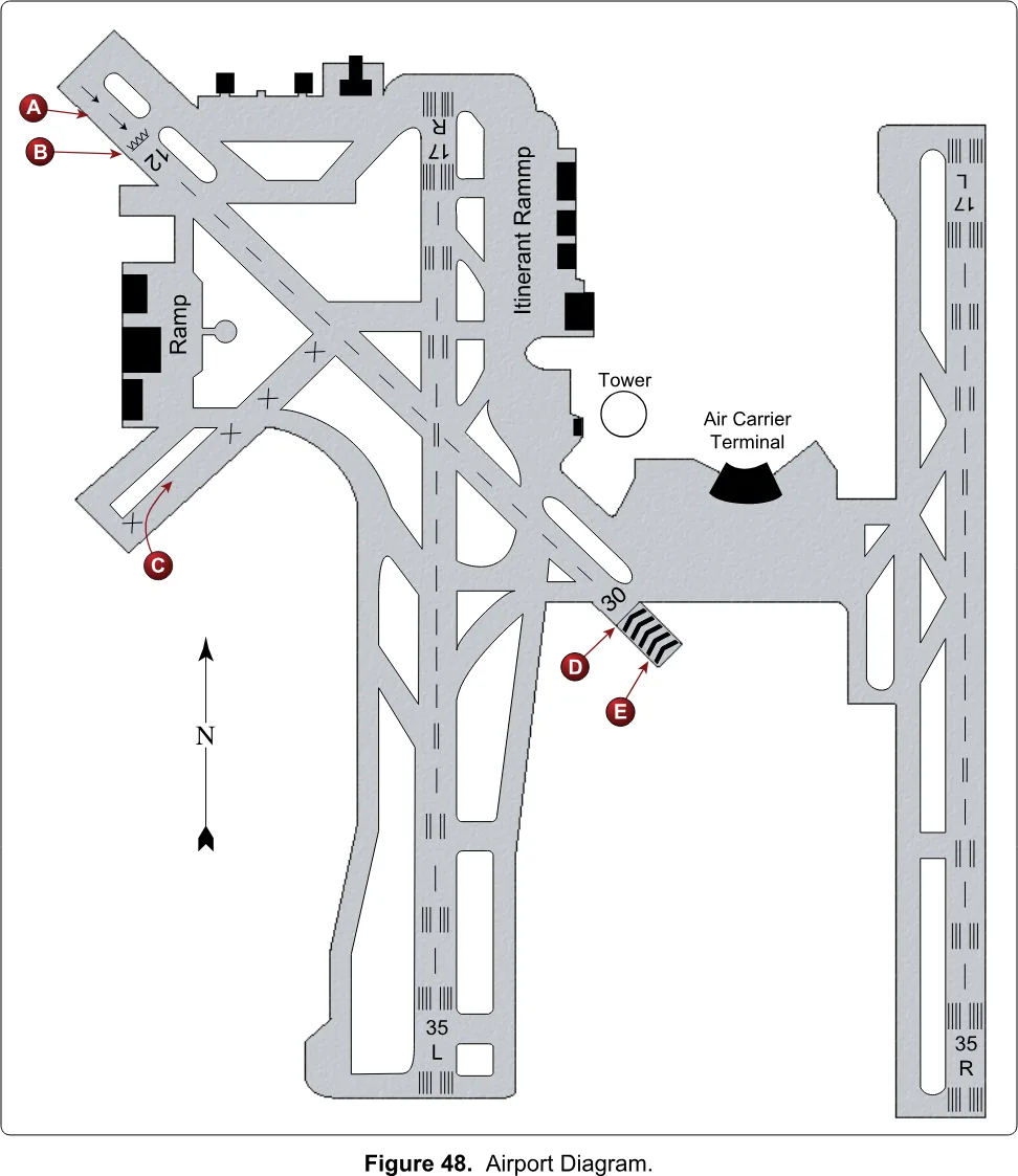 Airport diagram: crossing runways, tower, ramp, terminal